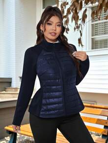 SHEIN EZwear Áo khoác nữ tay raglan màu trơn cỡ lớn có khóa kéo thường ngày mùa đông Áo khoác nữ màu xanh navy Áo khoác nữ Áo khoác chần bông Quần áo mùa đông cho nữ Áo khoác ngoài cho nữ - Màu xanh hải quân - Xem 3