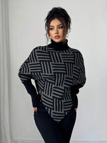 Elenzga Women's Elegant High Neck Geometric Textured Poncho Sweater, Colorblock, Suitable For Home & Travel, Spring/Autumn