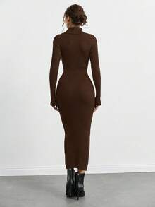 SHEIN Tall Solid Long Sleeves Turtleneck Ribbed Knit Sweater Dress - Brown - View 2