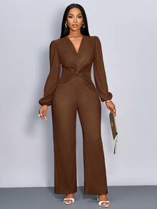 Twist Knotted Deep V-Neck Long Sleeve Jumpsuit - Coffee Brown - View 5