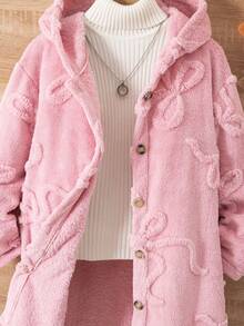 Sparklyn 1 件女童加大号毛绒连帽开衫，长袖及膝柔软舒适蝴蝶针织图案夹克，秋冬 - 粉色 - 查看 5