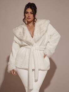 SHEIN BAE Chaqueta elegante y con textura suave para mujer de talla grande, para otoño/invierno - Beis - Ver 5