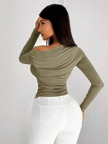 SHEIN SXY 极简镂空不对称肩长袖T恤，性感通勤办公穿搭 - 軍綠色 - 查看 2