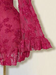 SHEIN ICON Women's Elegant Backless Lace Patchwork Flare Sleeve Ruffle Hem Mini Dress, Solid Cream Color - Hot Pink - View 6