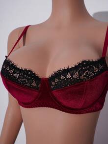 AltCore 女士天鹅绒撞色蕾丝边钢圈聚拢文胸，圣诞节礼物 - 彩色 - 查看 7