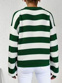 EURMUSE Áo len tay cánh dơi kẻ sọc rộng rãi cho nữ, mùa thu/đông - Màu xanh lá cây đậm - Xem 2