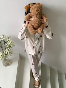 2件套优雅少女熊和星星图案长袖上衣和裤子睡衣套装 - 杏色 - 查看 4