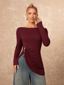 Lumalex VITNOS 酒红色不对称下摆T恤，秋季新款女装，假日度假T恤，秋冬休闲风，时尚秋季单品，派对造型，奢华质感，秋冬新年必备，大地色系，优雅法式风情，舒适T恤，周末休闲，秋季职场穿搭，今秋时尚之选，适合约会、外出、夜生活、婚礼、假日、度假、生日、工作和通勤等各种场合。 - 酒紅色 - 查看 7