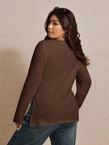 Elaquor Plus Size Women's Solid Color Round Neck Casual Side Slit Long Sleeve T-Shirt Brown - Coffee Brown - View 2