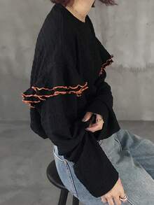 FRIFUL Women's Round Neck Contrast Trim Drop Shoulder Loose Casual Textured T-Shirt - Black - View 6