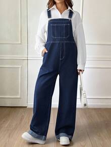 SHEIN Maternity Fall Autumn Winter Halloween Christmas New Year Thanksgiving Commuting Vacation Y2k Cute Party Elegant Business Casual Streetwear Coquette Pocket Design Wide Leg Loose Casual Blue Denim Bib Jumpsuit Classic Blue Denim Overalls For Women Adjustable Strap Loose Fit Jumpsuit With Rolled Cuffs Stylish Women Denim Dungarees Wide Leg Jumpsuit With Front Pocket Design And Comfortable Fit