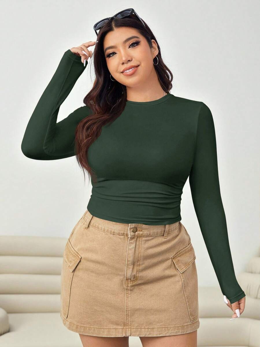 Solflare Camiseta de punto ajustada de talla grande, verde oliva - Verde Oscuro - Ver 1