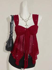 SHEIN ICON 女式闪亮面料不对称网眼下摆背心 - 酒紅色 - 查看 5