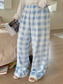 Dazy Plus 格子图案弹力腰宽松直筒保暖内衬蓬松舒适睡裤，大码女款，秋冬款 - 淺藍色 - 查看 5
