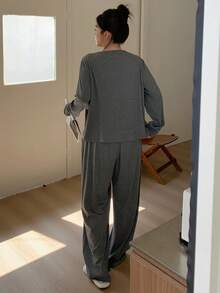 Dazy Plus 2件套加大码女式蕾丝边宽松休闲上衣和裤子睡衣套装秋冬服装 - 深灰色 - 查看 2