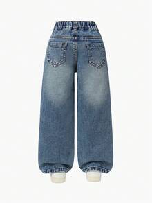 SHEIN Playful Pals 年轻女孩复古时尚街头风格松紧腰纽扣前部黑色蝴蝶结装饰爱心贴片刺绣牛仔裤 - 深色水洗藍 - 查看 2