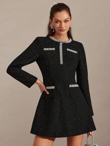 Enchnt Váy ngắn vải tweed đính sequin đen lãng mạn với điểm nhấn ngọc trai tinh tế, hoàn hảo cho mùa thu đông. Thiết kế tay dài theo phong cách công chúa, toát lên vẻ thanh lịch và phong cách. Thích hợp cho các buổi tiệc tùng, hẹn hò, ngày lễ, lễ tốt nghiệp, sự kiện công sở, dã ngoại, Halloween, Giáng sinh và các dịp khác. Cũng phù hợp với trang phục nữ mùa thu, trang phục mùa thu, bộ vest mùa thu, lễ hội hóa trang và trang phục năm mới. - màu đen - Xem 6