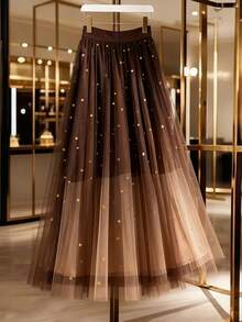 Lyxana Women's Elegant Brown Polka Dot Tulle & Sequin A-Line Skirt,French Vintage Street Style For Autumn Party,Christmas,New Year & Daily Commute Business - Multicolor - View 2