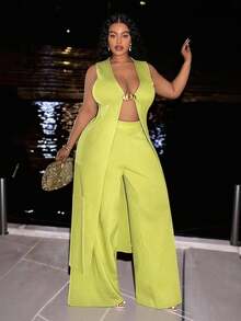 Veslaya New Autumn And Winter Styles 2025 New Women's Plus Size Solid Color/Minimalist/Elegant/Commute Fitted Knit Cardigan And Wide Leg Pants Set, Lime Wide Leg, Suitable For Daily Wear, Outing, Airport, Photo Shoot, Party Two Pieces Pant Set Summer Pant Set 2 Pieces Set