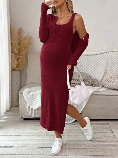 SHEIN 2025 Autumn/Winter New Maternity 2 Pieces Set, Jacket Paired With Long Dress, High Stretch Knit Maternity Outfit