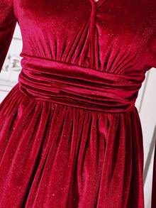 Teen Girl Glossy French Elegant V-Neck Waist Cinched Dress, Suitable For Dates, Outings, And Parties, Spring/Autumn