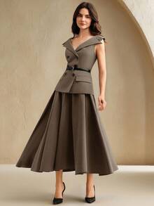 Anewsta 新款优雅露肩收腰棕色中长连衣裙，适合毕业典礼、感恩节、秋季、春季、夏季、新年、派对、婚礼、圣诞节、节日、假日、外出、休闲等场合，尽显优雅、时尚、别致、潮流。 - 咖啡棕 - 查看 4