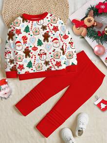 SHEIN طقم بلوزة كاجوال بياقة طاقم وسروال ضيق لفصلي الخريف والشتاء، مزين برسومات كرتونية جميلة لسانتا كلوز وإنسان زنجبيل ورجل ثلج وشجرة عيد الميلاد وأجراس وقصب السكر، مناسب للفتيات - متعدد الألوان - مشاهدة 3