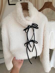 Comfortcana 女式休闲通勤撞色结饰前人造毛皮夹克，秋冬 - 米色 - 查看 5