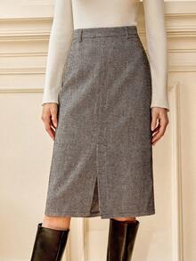 Écloséra Elegant And Versatile Wool Heather Gray Pencil Skirt, Perfect For Everyday Wear And Commuting. A Stylish And Chic Midi Skirt Suitable For Autumn And Winter, Perfect For Thanksgiving And New Year's Occasions. Also Suitable For Women In Black. - Grey - View 3