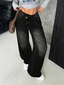 SHEIN Tall 女式休闲水洗不对称腰部阔腿牛仔裤 - 黑色 - 查看 6