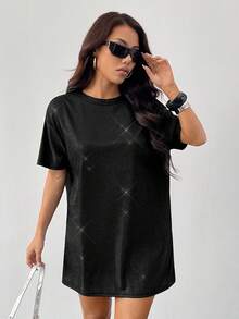 SHEIN PETITE 银色落肩闪光演唱会服装T恤连衣裙 - 黑色 - 查看 6