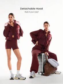 GLOWMODE 时尚温暖舒适光泽拉链按扣闭合松紧袖口腰长可拆卸兜帽羽绒背心秋冬户外日常休闲装 - 酒紅色 - 查看 6