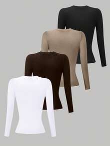 Franclia Bộ 4 áo thun dài tay cổ tròn ôm sát dành cho nữ - Nhiều màu - Xem 2