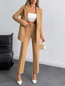 EURMUSE 女性雙排扣西裝外套和九分褲套裝