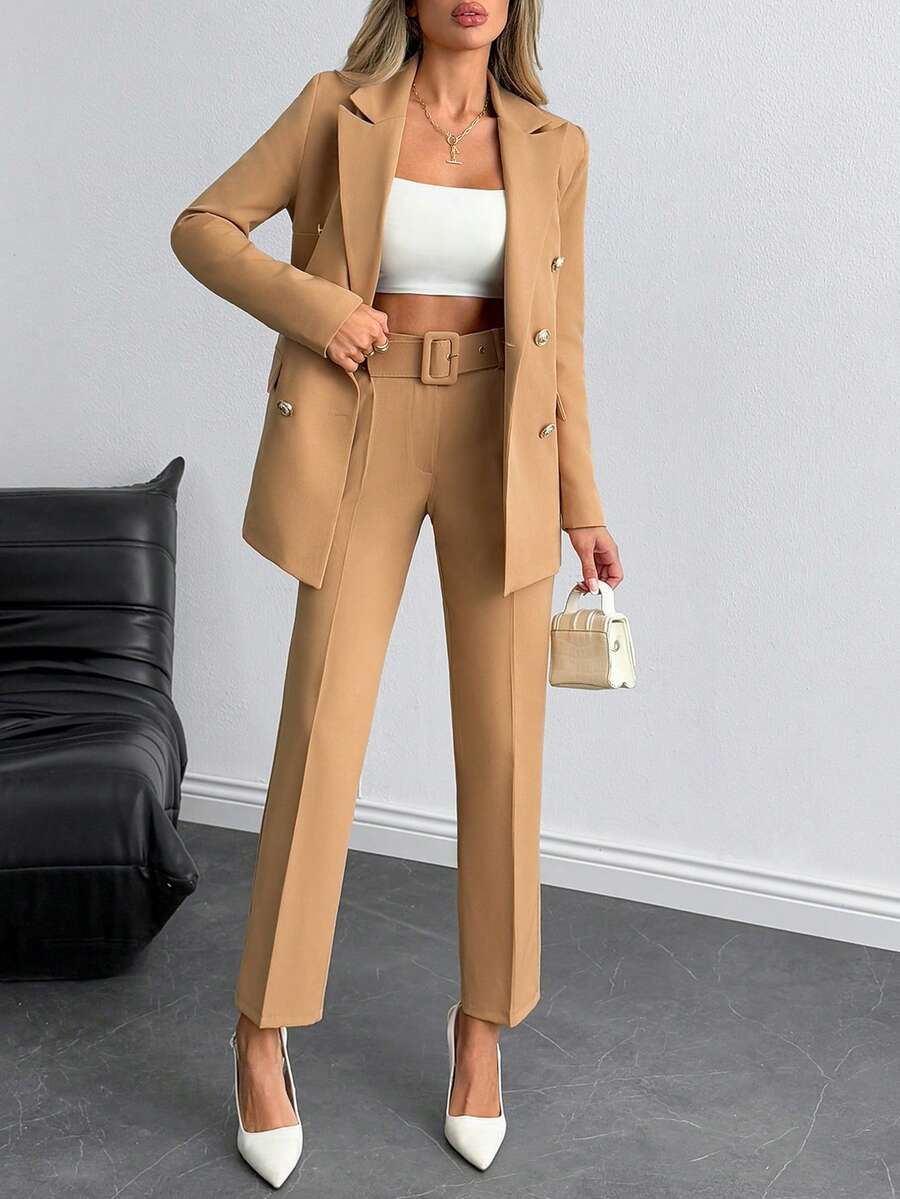 EURMUSE 女性雙排扣西裝外套和九分褲套裝