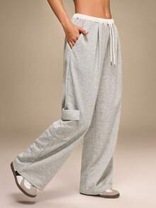 Hanevo Autumn/Winter Back To School Casual College Style Contrast Color Cinched Waist Pockets Wide Leg Pants - Grey - View 3