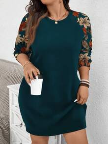 EMERY ROSE Casual Minimalist Navy Blue Vintage Maple Leaf & Floral Print Plus Size Sweatshirt, Autumn/Winter - Multicolor - View 1