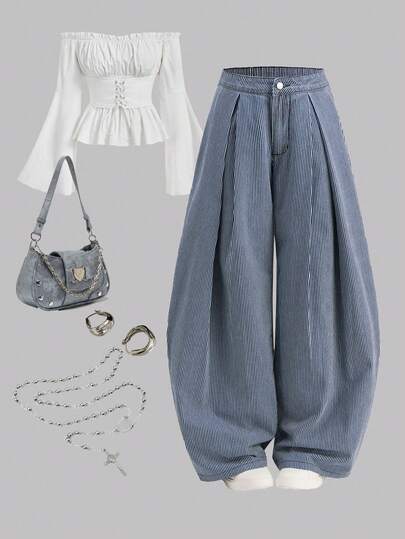 SHEIN MOD 女式条纹印花宽松阔腿牛仔裤