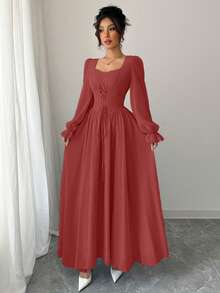 Modelyn Vestido elegante de cor sólida, decote coração, com amarração, manga comprida e cintura marcada, chique francês - Rosa Melancia - Ver 4