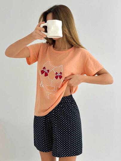 SHEIN Cottnline 100% Cotton 2Pcs Polka Dot &Animal Printed Short Sleeve Shirt And Polka Dot Pattern Sleep Shorts Homewear PJ Set