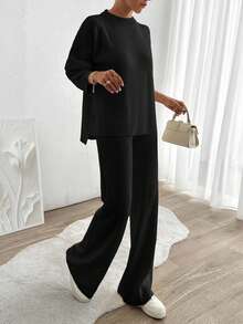 SHEIN Cottnline Women Solid Color Rib Knit Sweater & Sweater Pants Set - Black - View 5