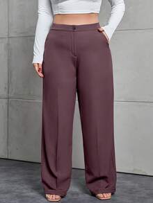 EURMUSE Plus Size Women Casual Everyday Commute Solid Color Slant Pocket Loose Wide Leg Pants - Brown - View 1