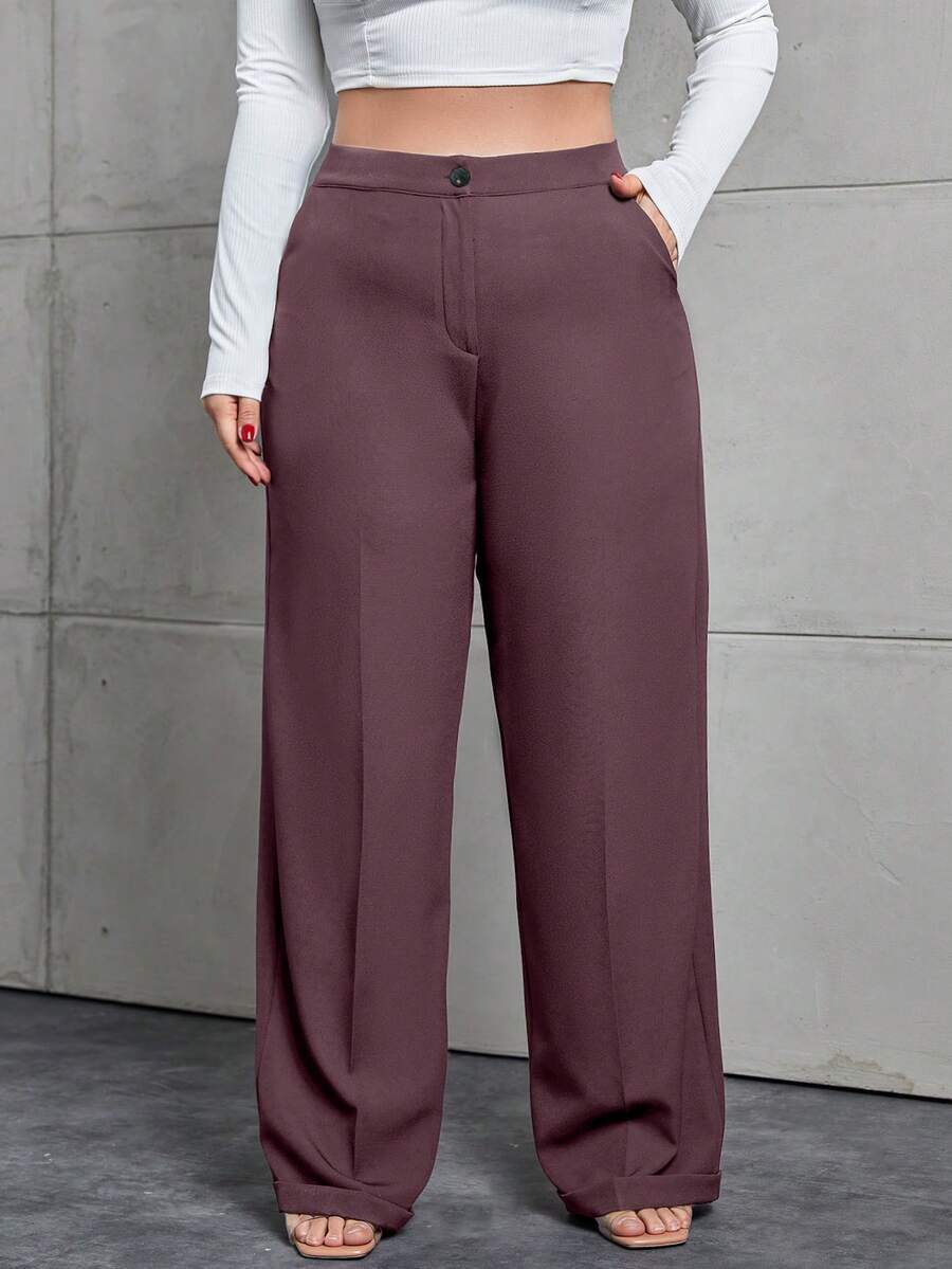 EURMUSE Plus Size Women Casual Everyday Commute Solid Color Slant Pocket Loose Wide Leg Pants - Brown - View 1