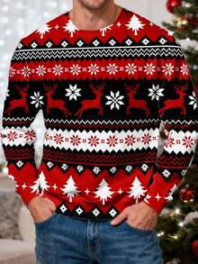 Manfinity Homme 男士圆领套头卫衣，带保暖内衬，圣诞节/秋冬季 - 紅色 - 查看 1