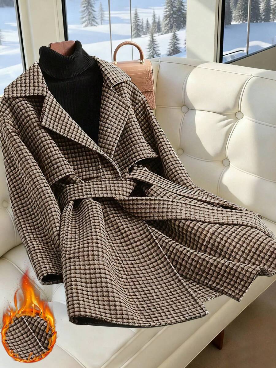 Franclia 时尚法式复古优雅通勤翻领腰带宽松千鸟格夹克，秋冬女大衣 - 摩卡棕 - 查看 1