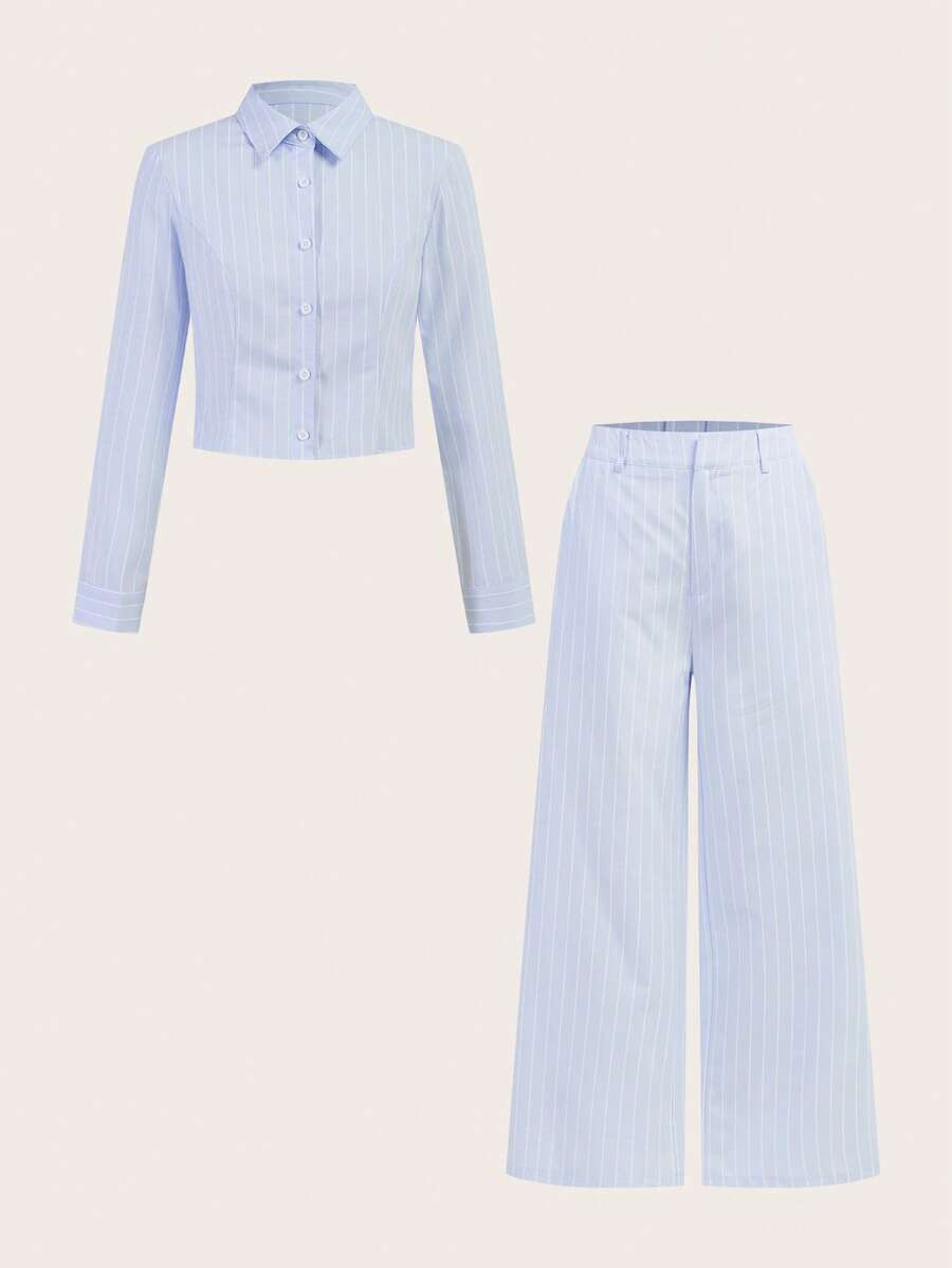 SHEIN PETITE Quần ống rộng kẻ sọc cạp vừa may đo công sở thường ngày mùa xuân Phục sinh Tiền cũ trở lại trường thời trang dạo phố mùa thu mùa thu Nashville dễ thương nữ tính - Màu xanh lam - Xem 1