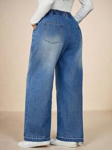 SHEIN Tall CURVE 大码秋冬万圣节圣诞节新年感恩节通勤度假街头风性感科技风生日机场派对婚礼优雅商务休闲女装高腰口袋阔腿宽松休闲百搭牛仔裤蓝色牛仔裤大码水洗牛仔弹力腰牛仔裤女式宽松阔腿舒适裤 - 藍色 - 查看 2