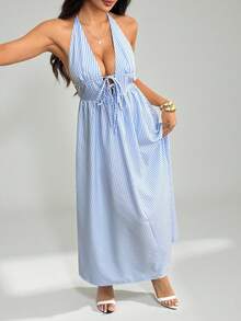 SHEIN PETITE 女士性感露背吊带条纹连衣裙，夏季 - 藍白色 - 查看 6