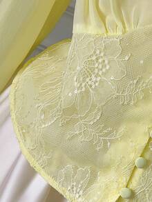 Rometta Plus Size Women's Autumn/Winter French Elegant Lace Patchwork 3D Floral Luxurious Slimming Blouse, Suitable For Graduation, Holidays, Valentine's Day, Christmas, Music Festivals, Mother's Day, Halloween, Thanksgiving, Easter, National Day, Balls, Dates, Parties, Weddings, Outings - Yellow - View 10