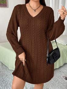 Vibekara Fashionable Lantern Sleeve V-Neck Cable Knit Sweater Dress